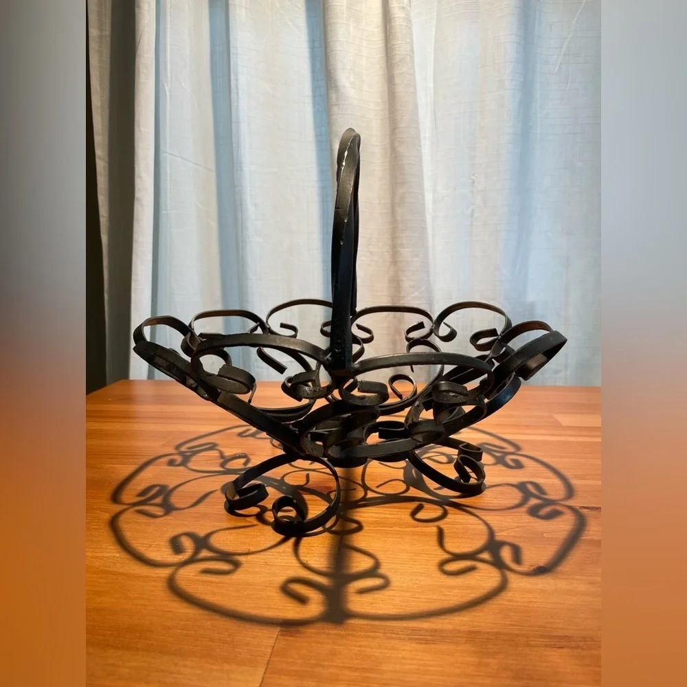 Vtg Black Wrought Iron Metal Scroll Fruit Bowl Magazine Rack Handled Black